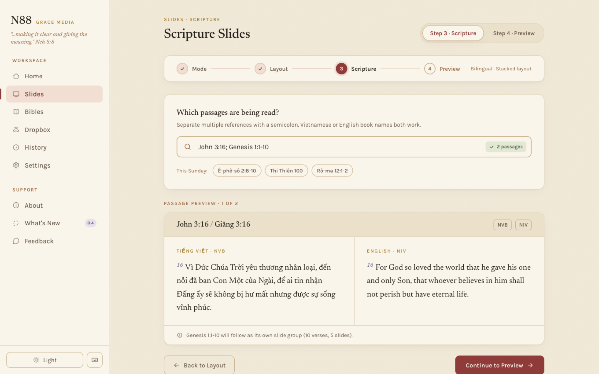 The N88 Scripture Slides app: enter the passages and it lays out the bilingual NVB and NIV verses, ready to review before export
