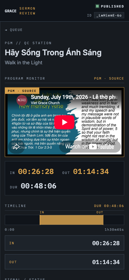 Gate 1: the detected sermon start and end with an approve button on a phone