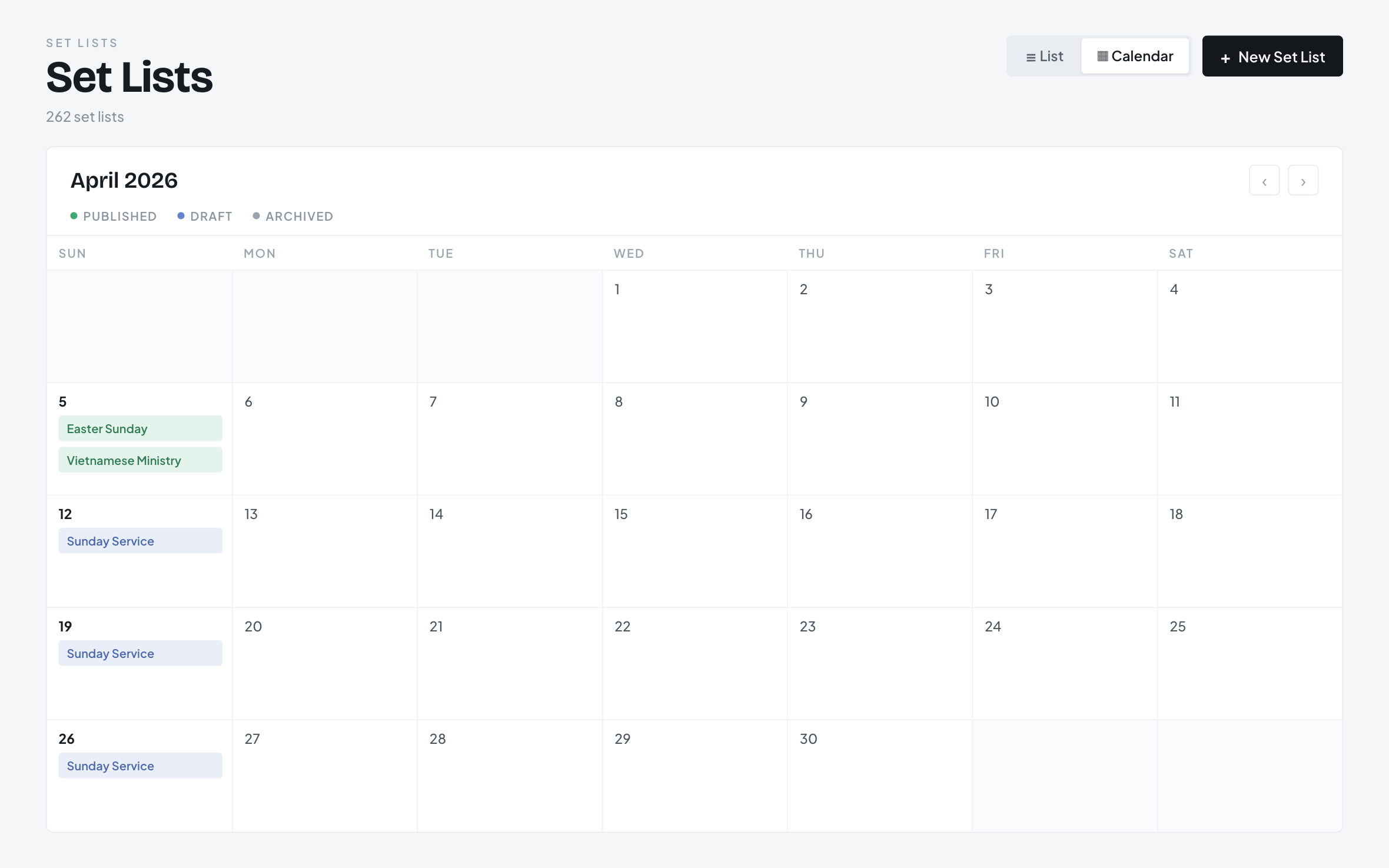 The set list calendar in the Grace Worship web app, every service on a Sunday