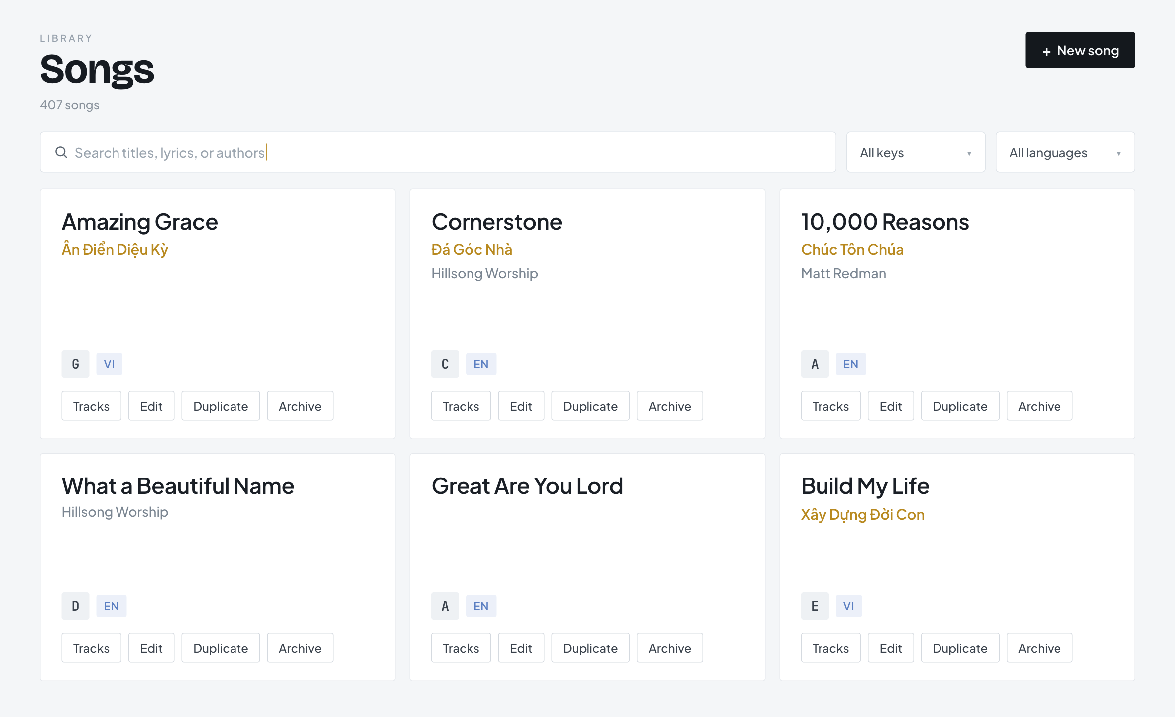 The song library with search in the Grace Worship web app