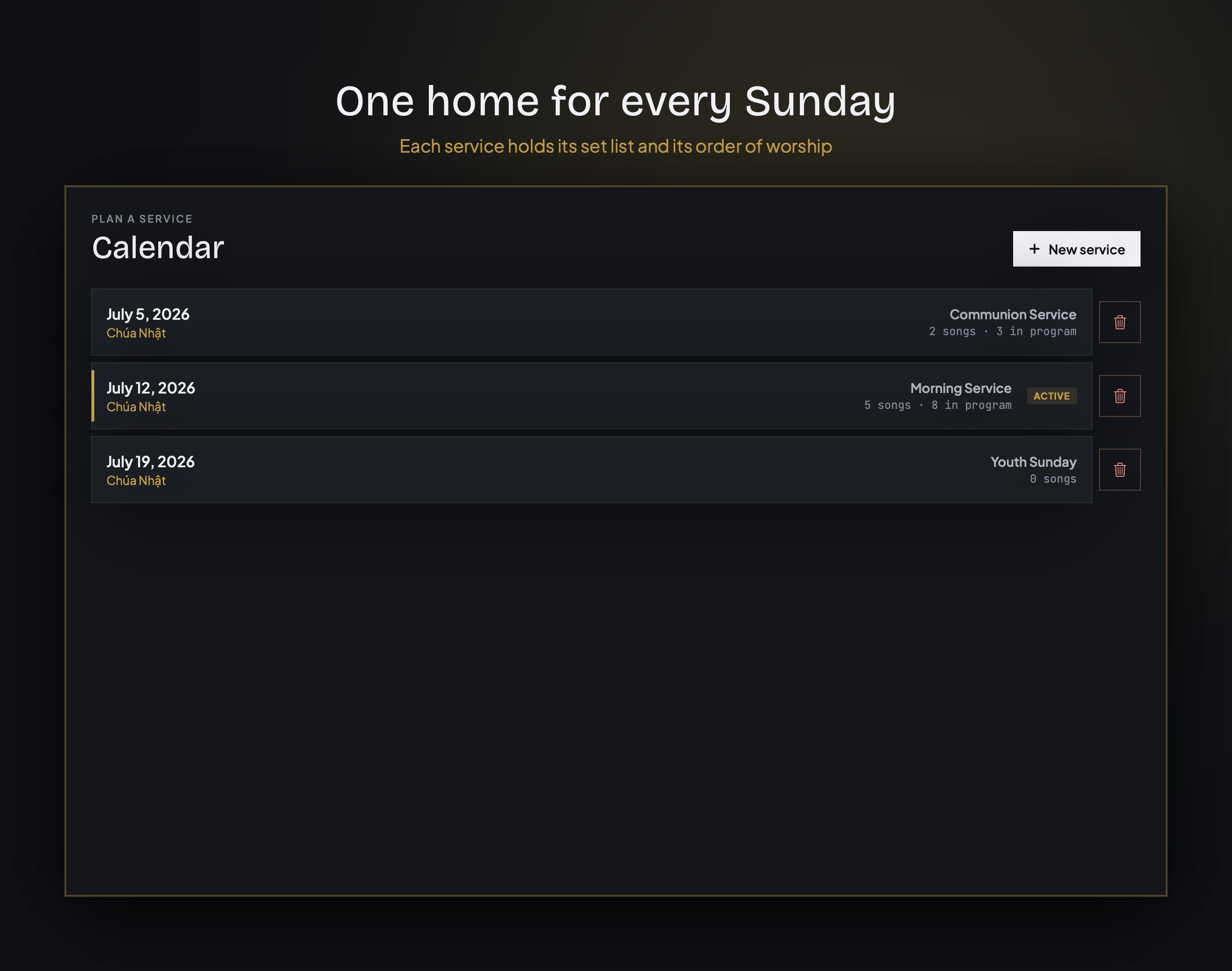 The service calendar on iPad — each Sunday holding its songs and program