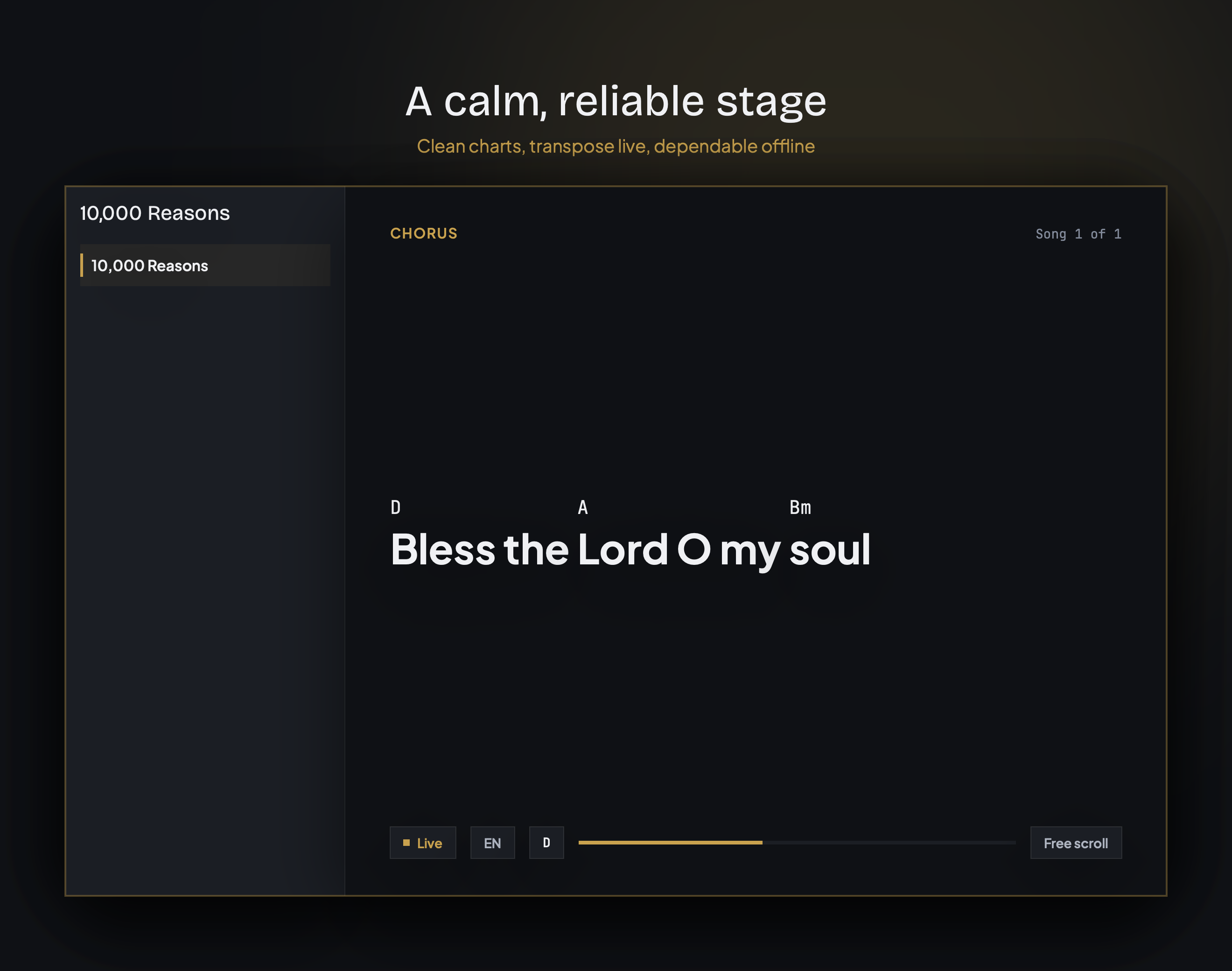 Live Mode on iPad — lyrics with chords, key badge, and scroll control on a dark stage view
