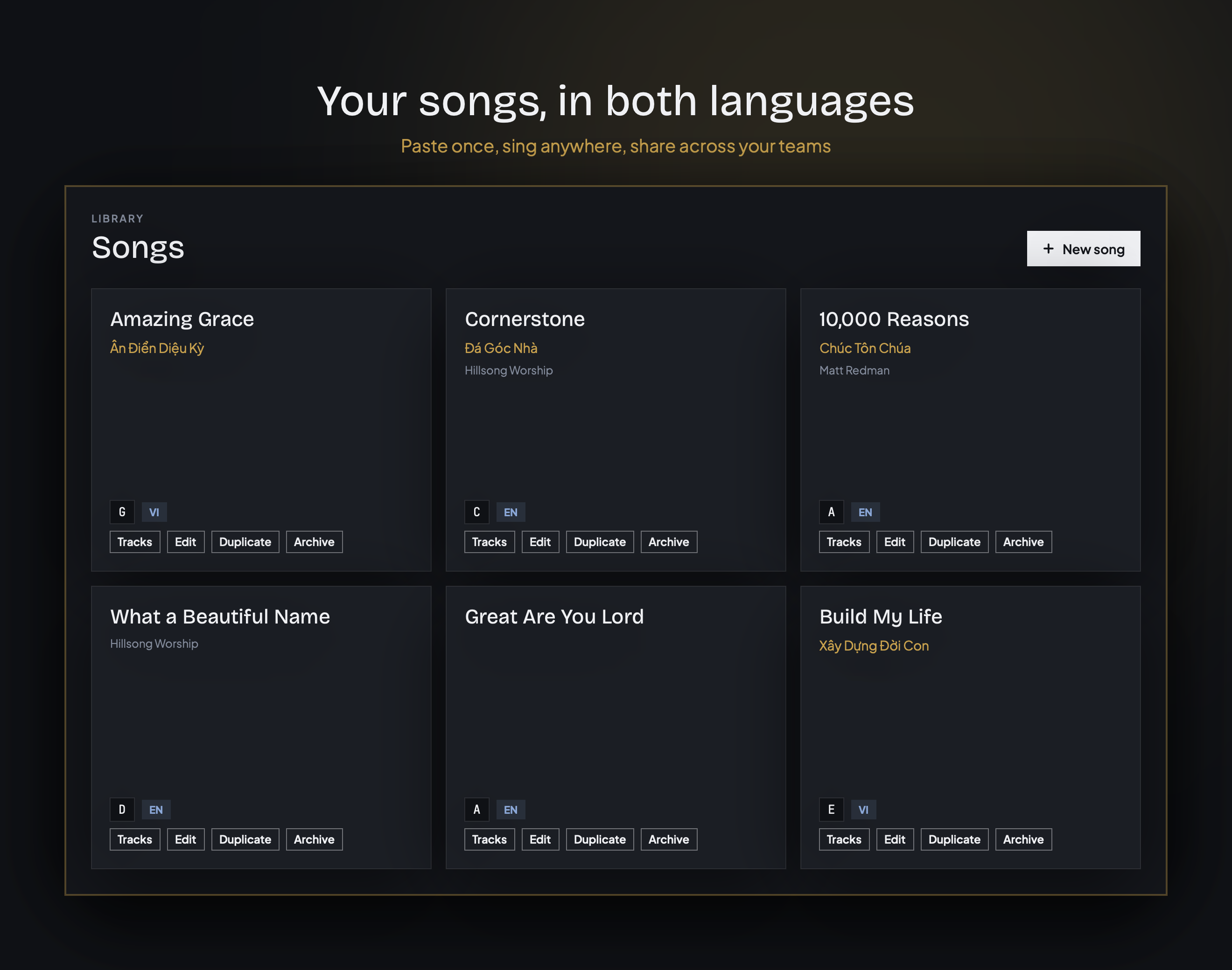 The Grace Worship song library on iPad — bilingual song cards with keys and languages
