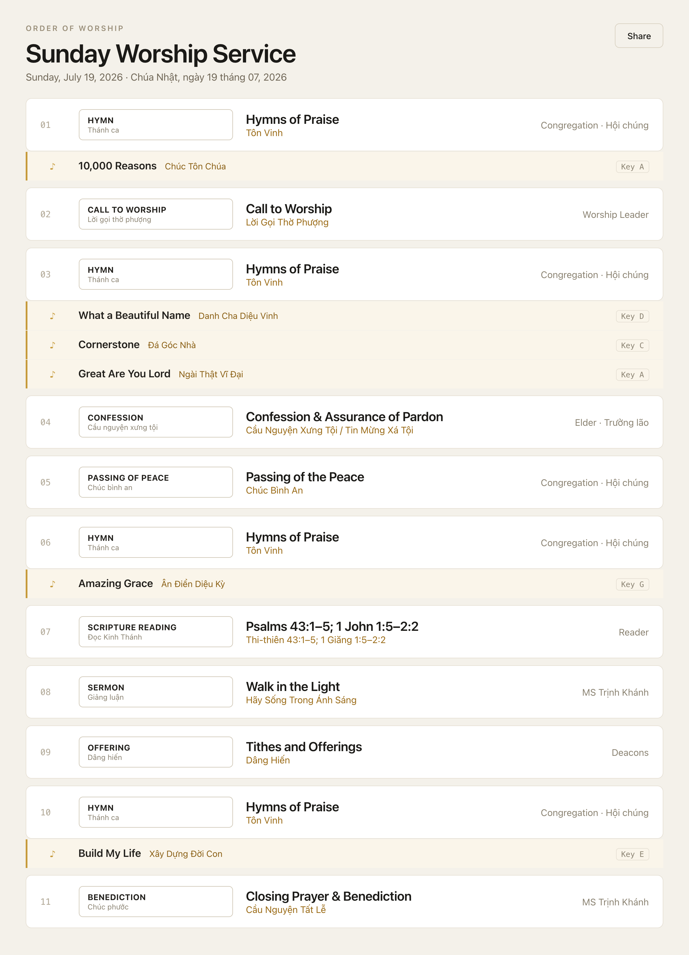 The July 19 order of worship in the Grace Worship web app, songs placed in service order